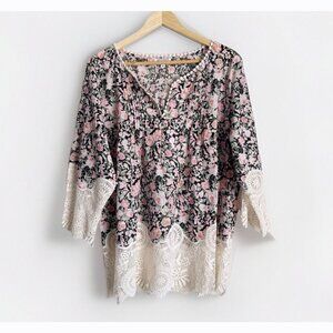 TAMSY Floral Crochet Trimmed Top Women’s Size 1X Romantic Grandma Cottagecore